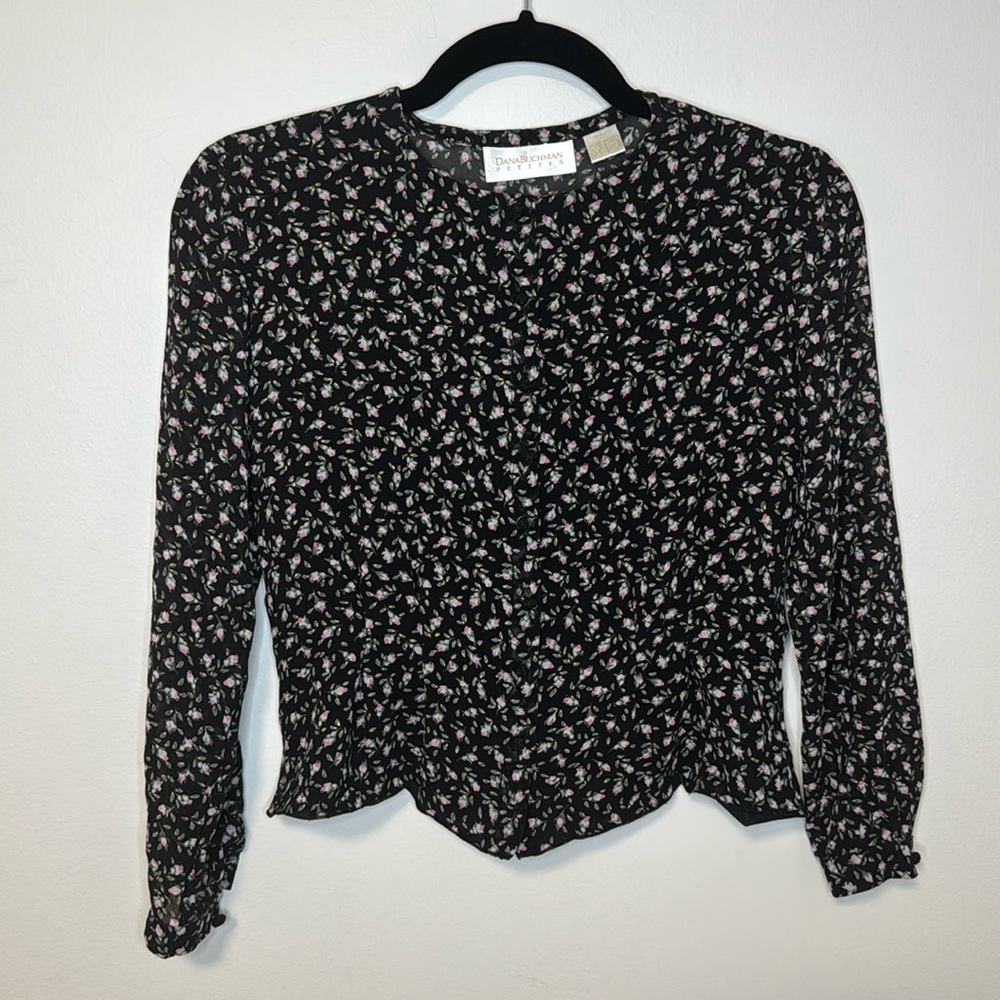 Vintage 90s Dana Bachman Petites Floral Rose 100% silk blouse.